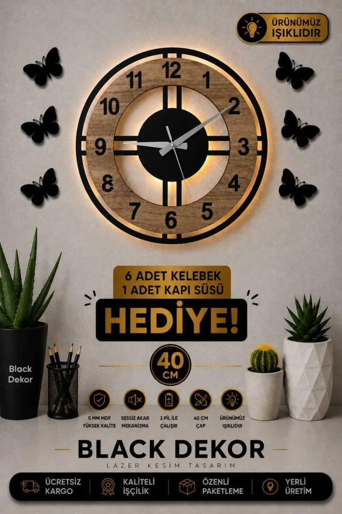 Blackdekor Sonoma Led Işıklı Daire Duvar Saati - 40 Cm Büyük Dekoratif Ahşap Saat | Şık Ve Modern Tasarım