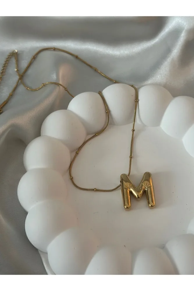 staınless steel ÇELİK (M) HARF DETAYLI BALON KOLYE GOLD RENK (kararma ve solma yapmaz)