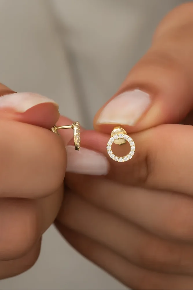 Nereze 925 Ayar Gümüş Gold Minik Yuvarlak Tasarım Küpe