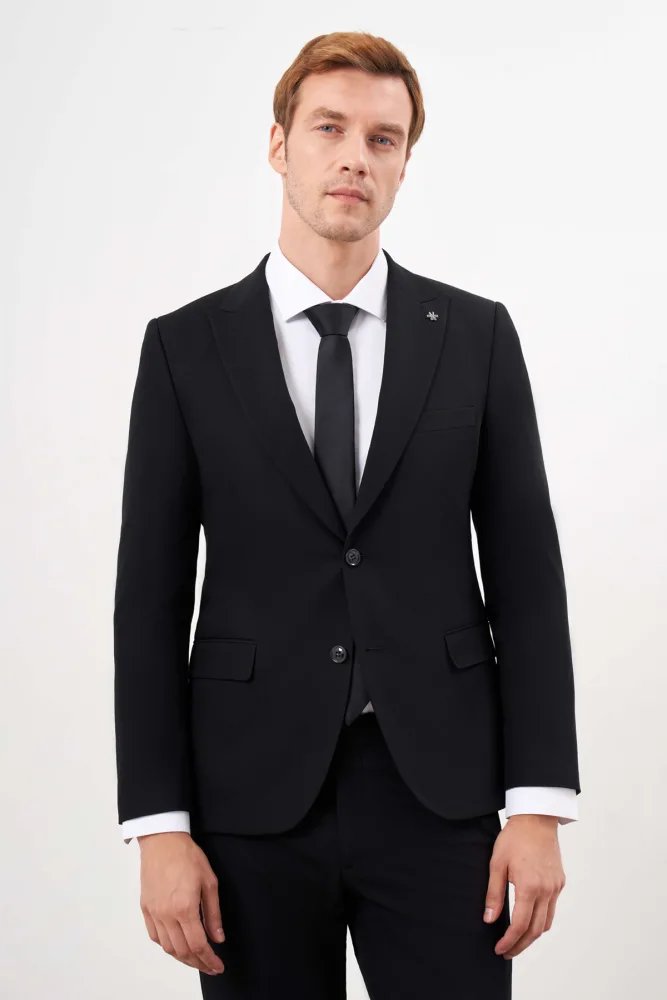 Morven Erkek Siyah Basic Düz Slim Fit 3'lü Takım Elbise Slim Fit Gömlek Düz Kravat