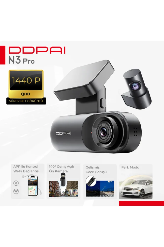 DDPAI Mola N3 Pro Gps Ön-arka Kameralı 1600p 24 Saat Park Modu Akıllı Araç Kamerası