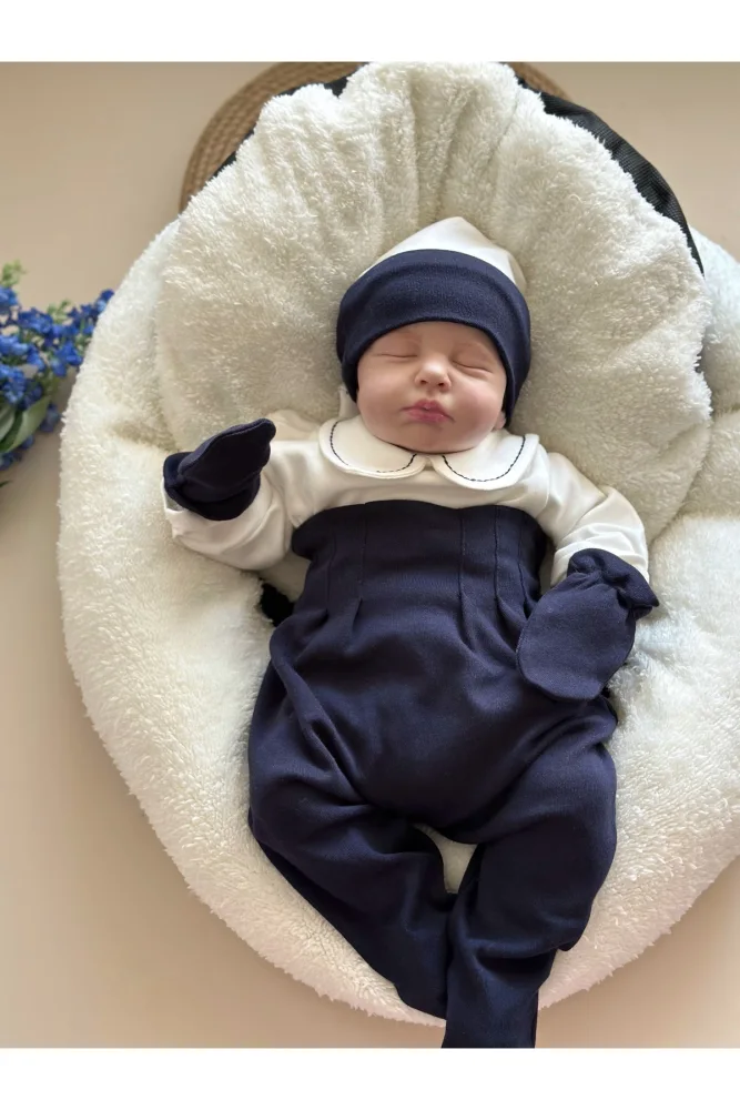 Mama Miel Baby Lacivert Hastane Çıkışı Set (Body, Pantolon, Bere, Eldiven)