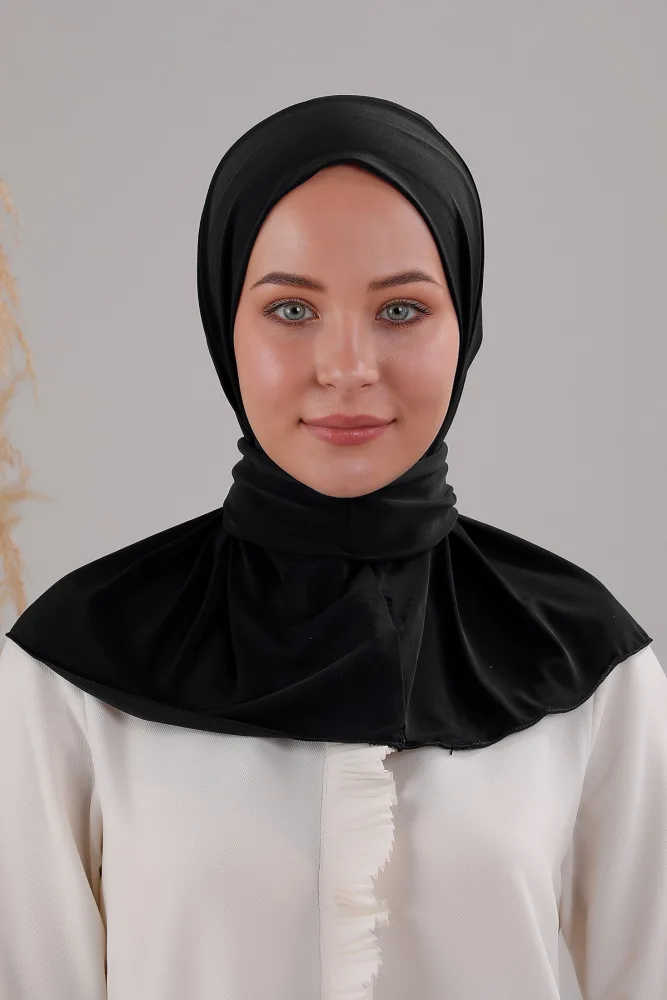 Melodi Scarf Kadın Tesettür Pratik Çıtçıtlı Sandy Fular Hazır Deniz Havuz Uyumlu Şal Siyah