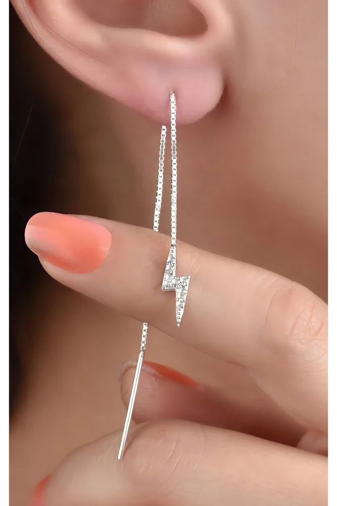 jelux silver Gümüş 925 Ayar Zirkon Taşlı Asansör Zincir Şimşek Model Tekli Küpe