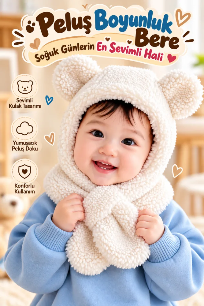 Nurnivus Tammy Sevimli Peluş Çocuk Bere Atkı Boyunluklu Panda Kulaklı Şapka Welsoft Rüzgar Geçirmez Bere